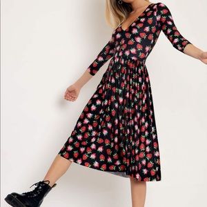 Blackmilk Black and Red Strawberry Print Midi Dress